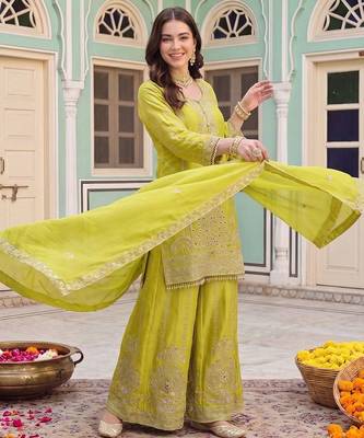 Women Ethnic Motifs Embroidered Regular Mirror Work Kurta with Sharara & With Dupatta 3