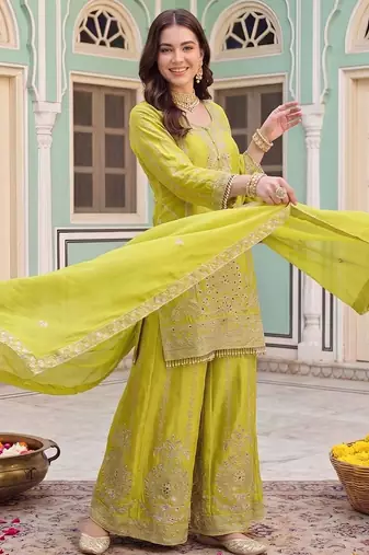 Women Ethnic Motifs Embroidered Regular Mirror Work Kurta with Sharara & With Dupatta