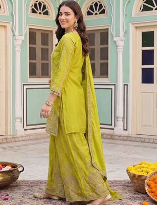 Women Ethnic Motifs Embroidered Regular Mirror Work Kurta with Sharara & With Dupatta 4