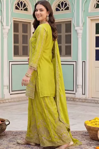 Women Ethnic Motifs Embroidered Regular Mirror Work Kurta with Sharara & With Dupatta