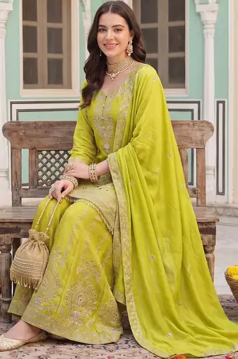 Women Ethnic Motifs Embroidered Regular Mirror Work Kurta with Sharara & With Dupatta