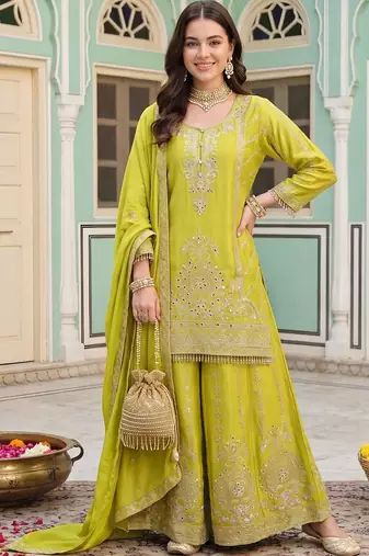Women Ethnic Motifs Embroidered Regular Mirror Work Kurta with Sharara & With Dupatta