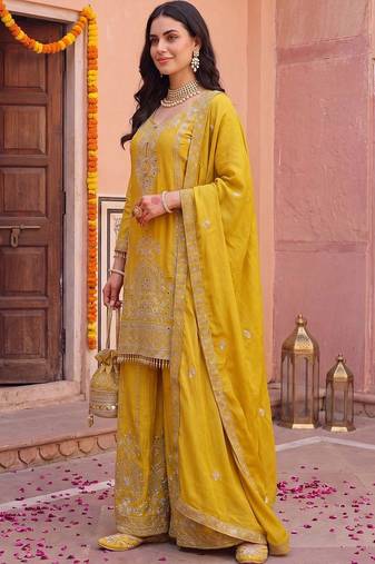 Women Ethnic Motifs Embroidered Regular Mirror Work Kurta with Palazzos & With Dupatta