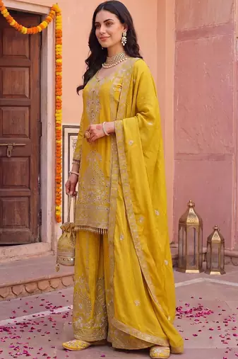 Women Ethnic Motifs Embroidered Regular Mirror Work Kurta with Palazzos & With Dupatta