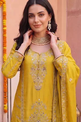 Women Ethnic Motifs Embroidered Regular Mirror Work Kurta with Palazzos & With Dupatta
