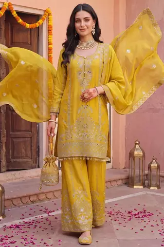 Women Ethnic Motifs Embroidered Regular Mirror Work Kurta with Palazzos & With Dupatta