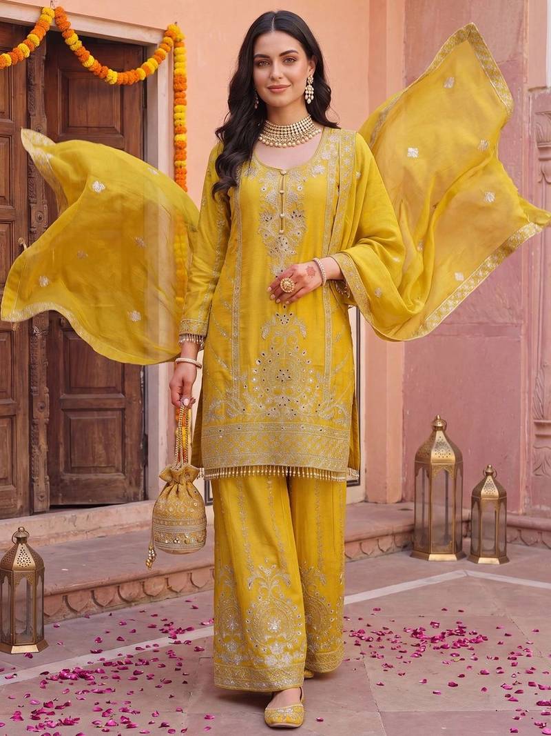 Women Ethnic Motifs Embroidered Regular Mirror Work Kurta with Palazzos & With Dupatta