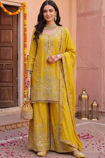 Women Ethnic Motifs Embroidered Regular Mirror Work Kurta with Palazzos & With Dupatta