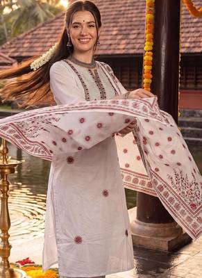 Women Ethnic Motifs Embroidered Regular Thread Work Pure Cotton Kurta with Trousers & With Dupatta 2