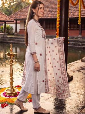 Women Ethnic Motifs Embroidered Regular Thread Work Pure Cotton Kurta with Trousers & With Dupatta 4