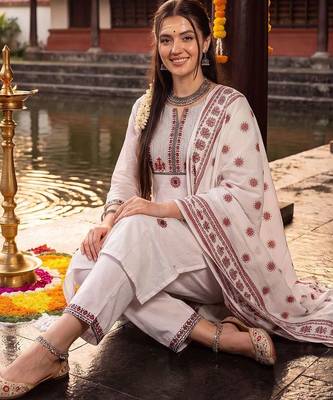 Women Ethnic Motifs Embroidered Regular Thread Work Pure Cotton Kurta with Trousers & With Dupatta 6