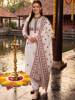 Women Ethnic Motifs Embroidered Regular Thread Work Pure Cotton Kurta with Trousers & With Dupatta 1