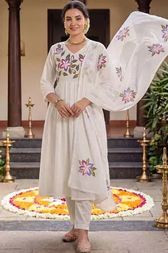 Women Floral Printed Empire Pure Cotton Kurta with Trousers & With Dupatta