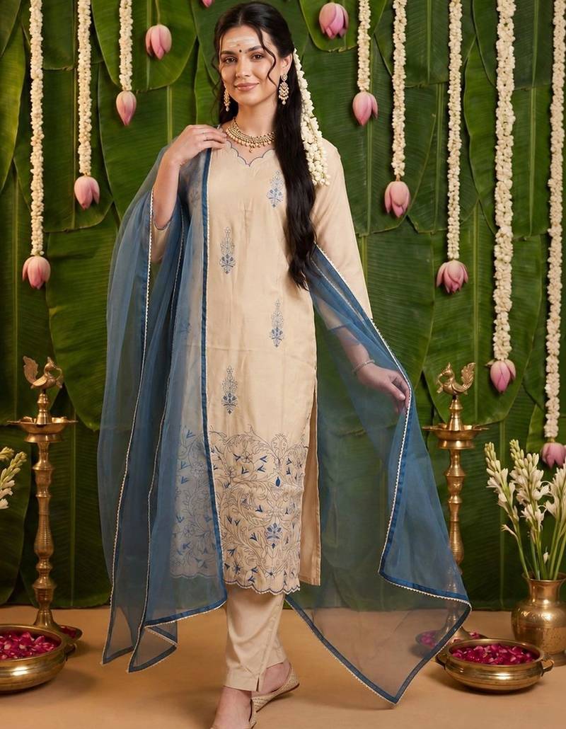 Women Ethnic Motifs Embroidered Regular Thread Work Kurta with Trousers & With Dupatta