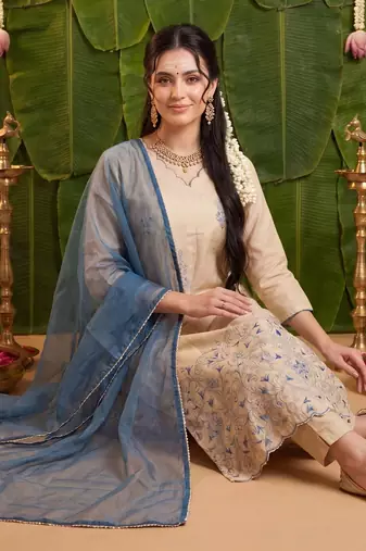Women Ethnic Motifs Embroidered Regular Thread Work Kurta with Trousers & With Dupatta