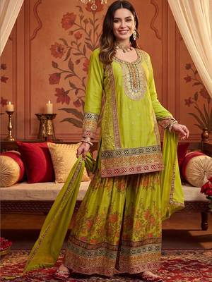 Women Ethnic Motifs Embroidered Regular Thread Work Kurta with Sharara & With Dupatta 1