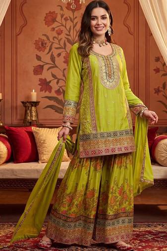 Women Ethnic Motifs Embroidered Regular Thread Work Kurta with Sharara & With Dupatta