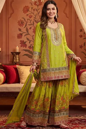 Women Ethnic Motifs Embroidered Regular Thread Work Kurta with Sharara & With Dupatta