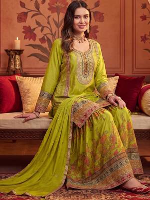 Women Ethnic Motifs Embroidered Regular Thread Work Kurta with Sharara & With Dupatta 5