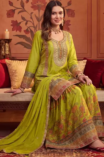 Women Ethnic Motifs Embroidered Regular Thread Work Kurta with Sharara & With Dupatta
