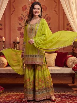 Women Ethnic Motifs Embroidered Regular Thread Work Kurta with Sharara & With Dupatta 6