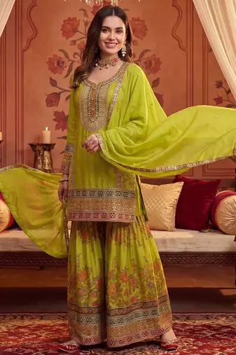 Women Ethnic Motifs Embroidered Regular Thread Work Kurta with Sharara & With Dupatta