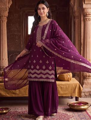 Women Ethnic Motifs Embroidered Regular Thread Work Kurta with Sharara & With Dupatta 1