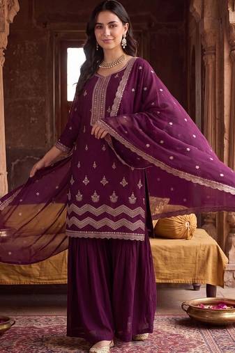 Women Ethnic Motifs Embroidered Regular Thread Work Kurta with Sharara & With Dupatta