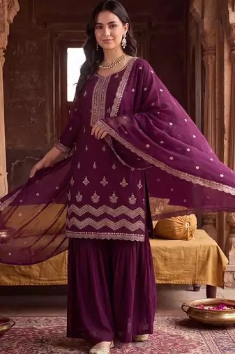 Women Ethnic Motifs Embroidered Regular Thread Work Kurta with Sharara & With Dupatta