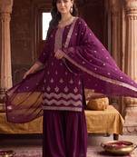 Women Ethnic Motifs Embroidered Regular Thread Work Kurta with Sharara & With Dupatta