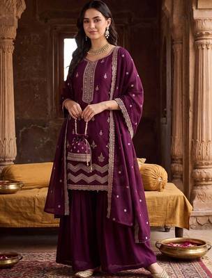 Women Ethnic Motifs Embroidered Regular Thread Work Kurta with Sharara & With Dupatta 2