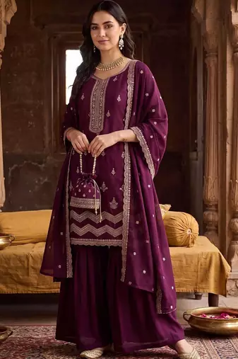 Women Ethnic Motifs Embroidered Regular Thread Work Kurta with Sharara & With Dupatta