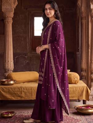 Women Ethnic Motifs Embroidered Regular Thread Work Kurta with Sharara & With Dupatta 3