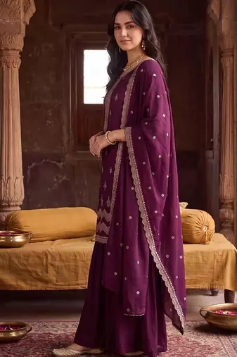Women Ethnic Motifs Embroidered Regular Thread Work Kurta with Sharara & With Dupatta