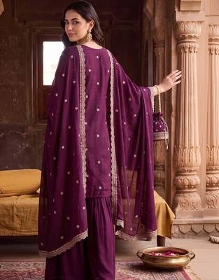 Women Ethnic Motifs Embroidered Regular Thread Work Kurta with Sharara & With Dupatta 4
