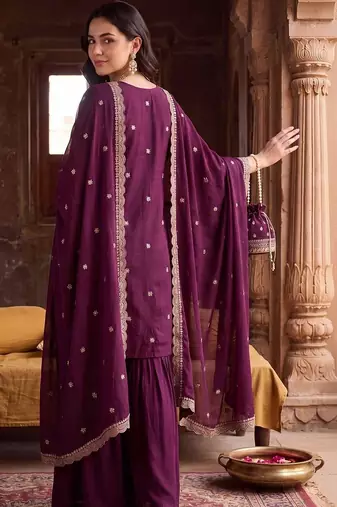 Women Ethnic Motifs Embroidered Regular Thread Work Kurta with Sharara & With Dupatta