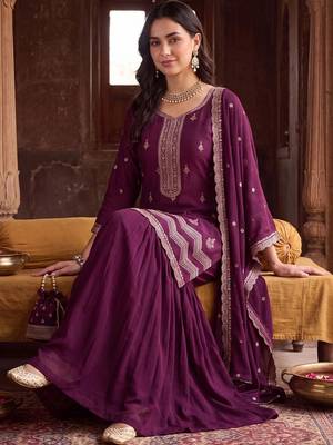 Women Ethnic Motifs Embroidered Regular Thread Work Kurta with Sharara & With Dupatta 5