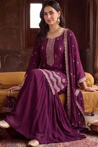 Women Ethnic Motifs Embroidered Regular Thread Work Kurta with Sharara & With Dupatta