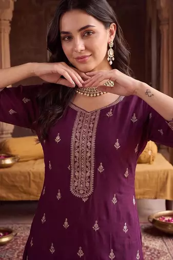 Women Ethnic Motifs Embroidered Regular Thread Work Kurta with Sharara & With Dupatta