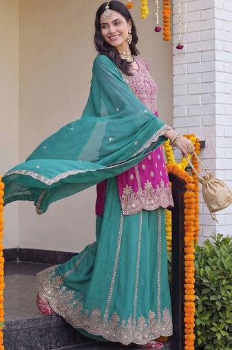 Women Ethnic Motifs Embroidered Regular Kurta with Sharara & With Dupatta