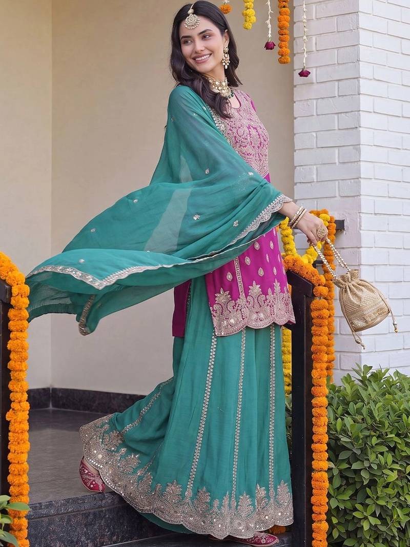 Women Ethnic Motifs Embroidered Regular Kurta with Sharara & With Dupatta