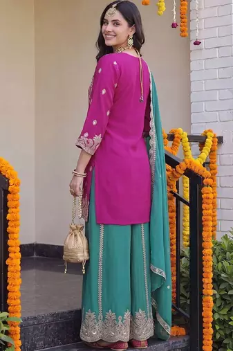 Women Ethnic Motifs Embroidered Regular Kurta with Sharara & With Dupatta