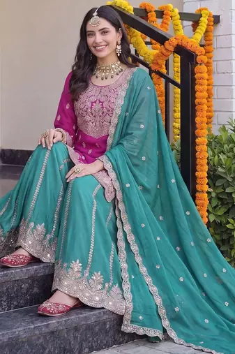 Women Ethnic Motifs Embroidered Regular Kurta with Sharara & With Dupatta