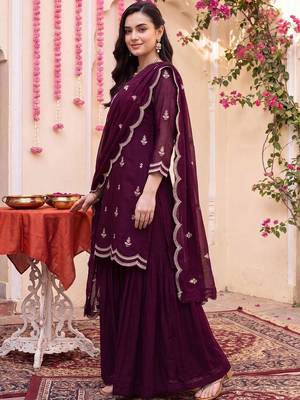 Women Ethnic Motifs Embroidered Regular Thread Work Kurta with Sharara & With Dupatta 1