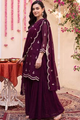 Women Ethnic Motifs Embroidered Regular Thread Work Kurta with Sharara & With Dupatta