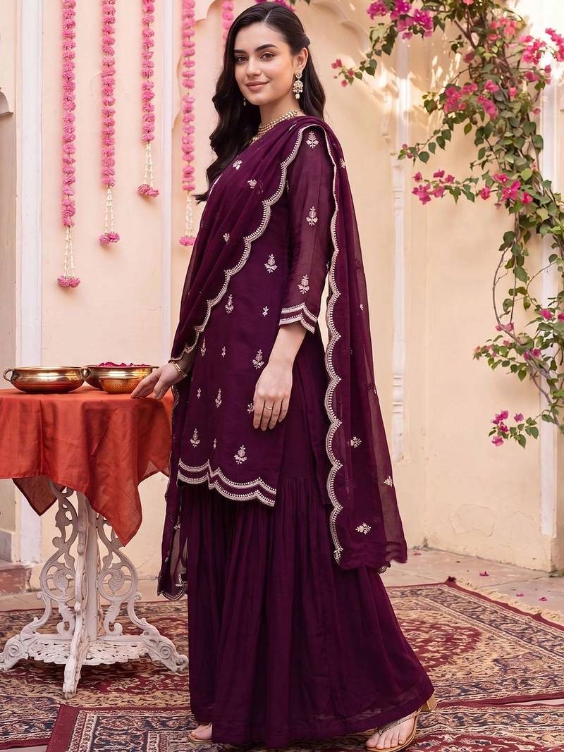 Women Ethnic Motifs Embroidered Regular Thread Work Kurta with Sharara & With Dupatta