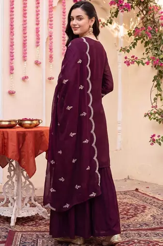 Women Ethnic Motifs Embroidered Regular Thread Work Kurta with Sharara & With Dupatta
