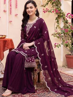 Women Ethnic Motifs Embroidered Regular Thread Work Kurta with Sharara & With Dupatta 4