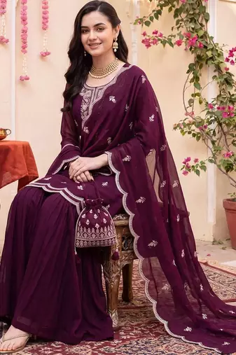 Women Ethnic Motifs Embroidered Regular Thread Work Kurta with Sharara & With Dupatta