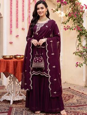 Women Ethnic Motifs Embroidered Regular Thread Work Kurta with Sharara & With Dupatta 5